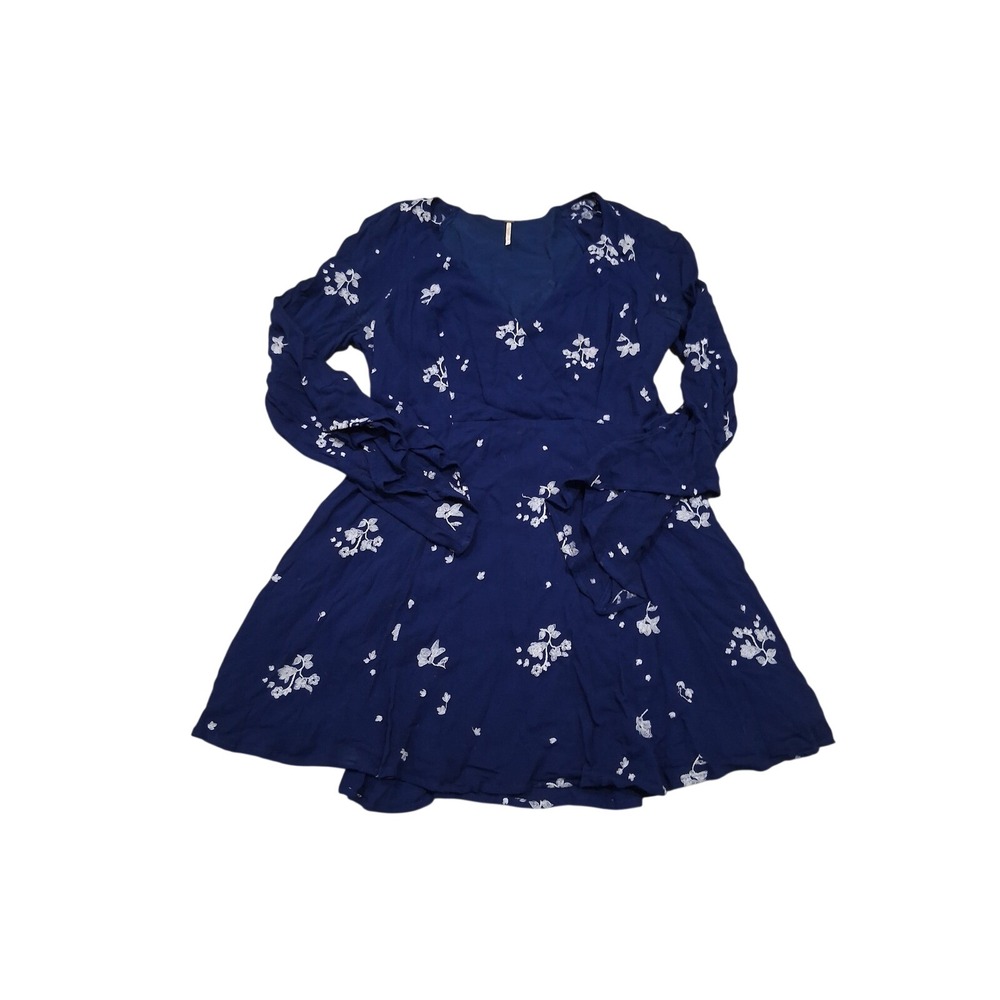 Free People Navy Blue Floral Embroidered Long Sleeve Mini Dress Size 12